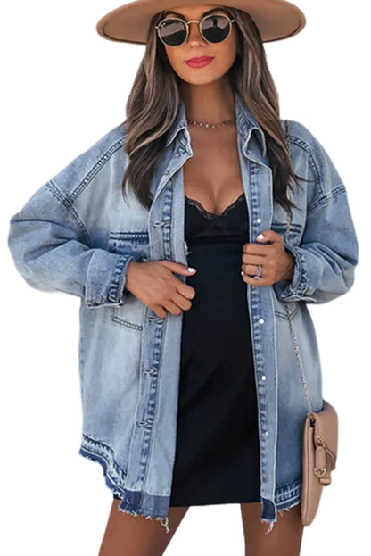 Sky Blue Flap Pocket Buttoned Oversized Denim Jacket