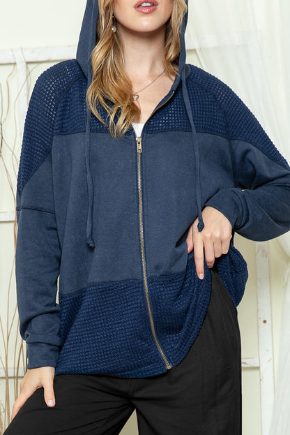 Khaki Dark Washed Patchwork Zip Up Hooded Jacket