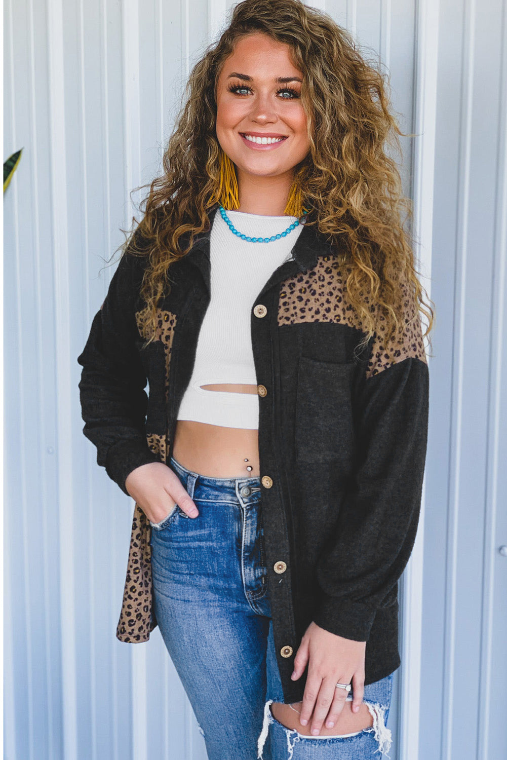 Black Casual Leopard Print Patchwork Shacket