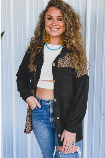 Black Casual Leopard Print Patchwork Shacket