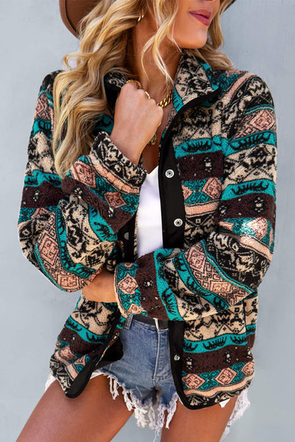 Pink Geometric Colorblock Snap Button Sherpa Jacket