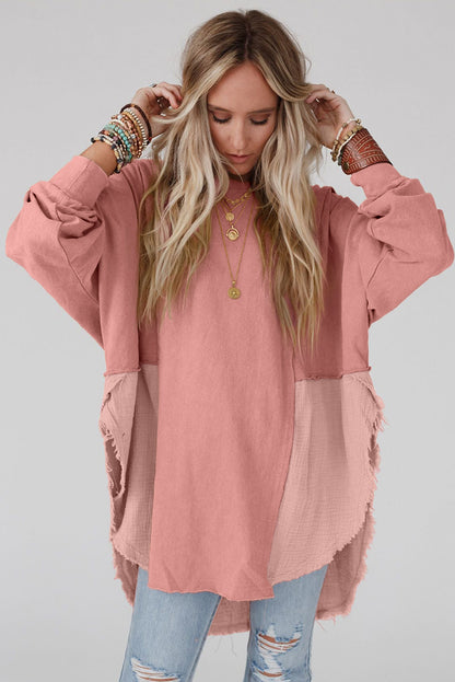 Khaki Crinkled Patchwork Raw Hem Oversized Blouse