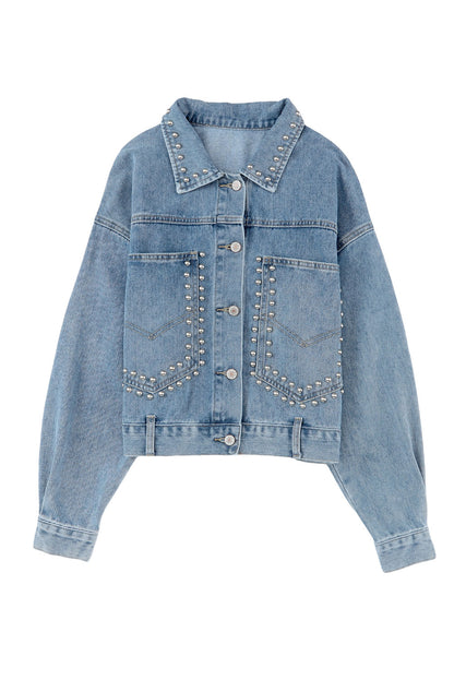 Blue Studded Button Up Light Wash Cropped Denim Jacket