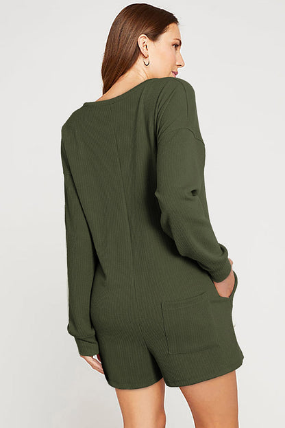 Green Henley V Neck Pocketed Ribbed Romper
