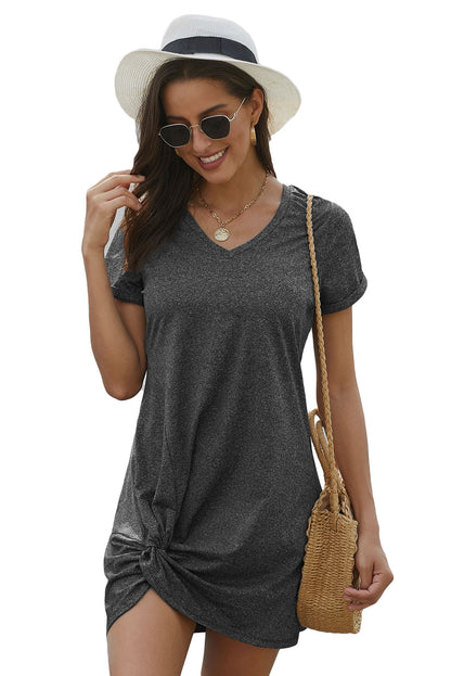 Casual V Neck Short Sleeve Twist Front Short Basics Dress