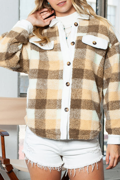 Khaki Plaid Print Sherpa Flap Pocket Shacket