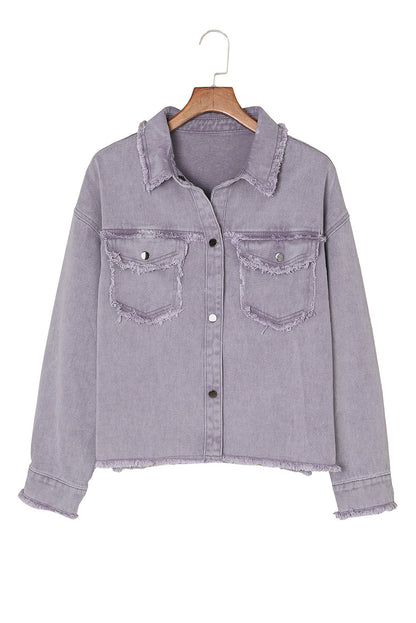 Green Distressed Flap Pockets Frayed Hem Denim Jacket