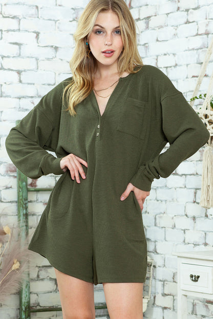 Green Henley V Neck Pocketed Ribbed Romper