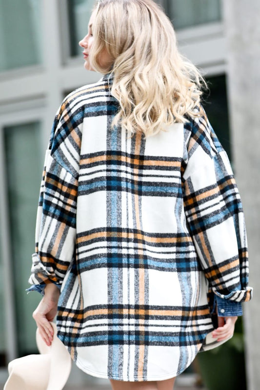 White Plaid Rounded Hem Oversized Shacket
