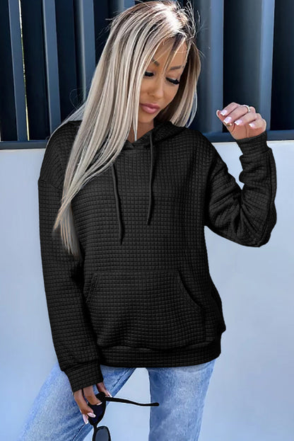 Khaki Lattice Textured Kangaroo Pocket Drawstring Hoodie