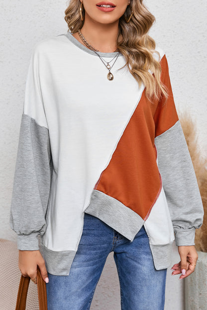 Pink Colorblock Stitching Irregular Hem Long Sleeve Top