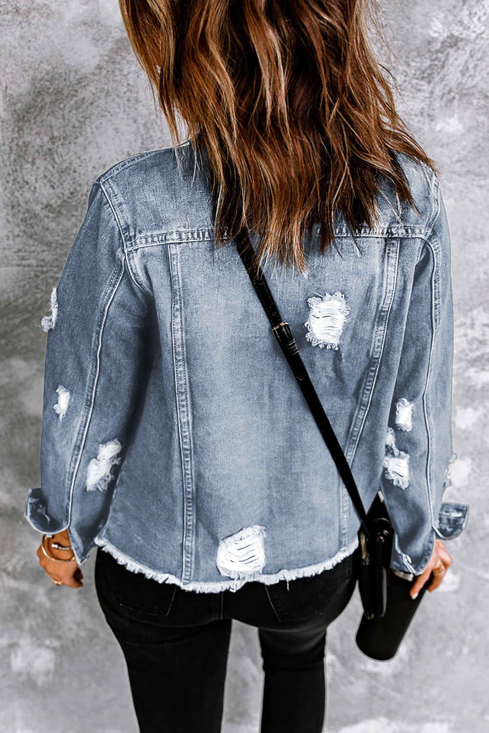 Black Casual Distressed Raw Hem Buttons Denim Jacket