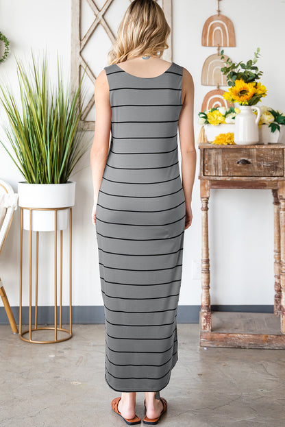 Brown Striped Backless Casual Side Slits Maxi Dress