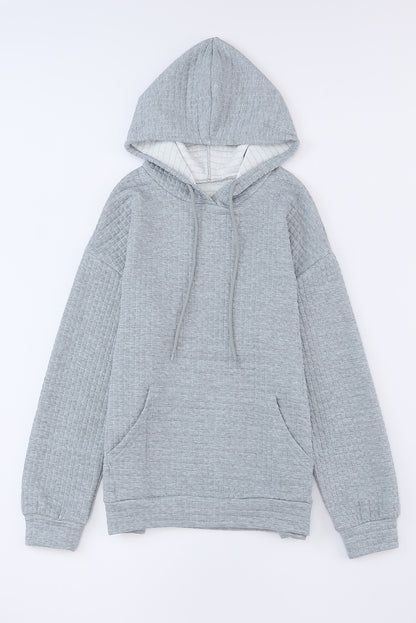 Khaki Lattice Textured Kangaroo Pocket Drawstring Hoodie