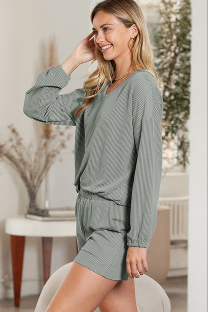 Beige Corded V Neck Slouchy Top & Pocketed Shorts Set