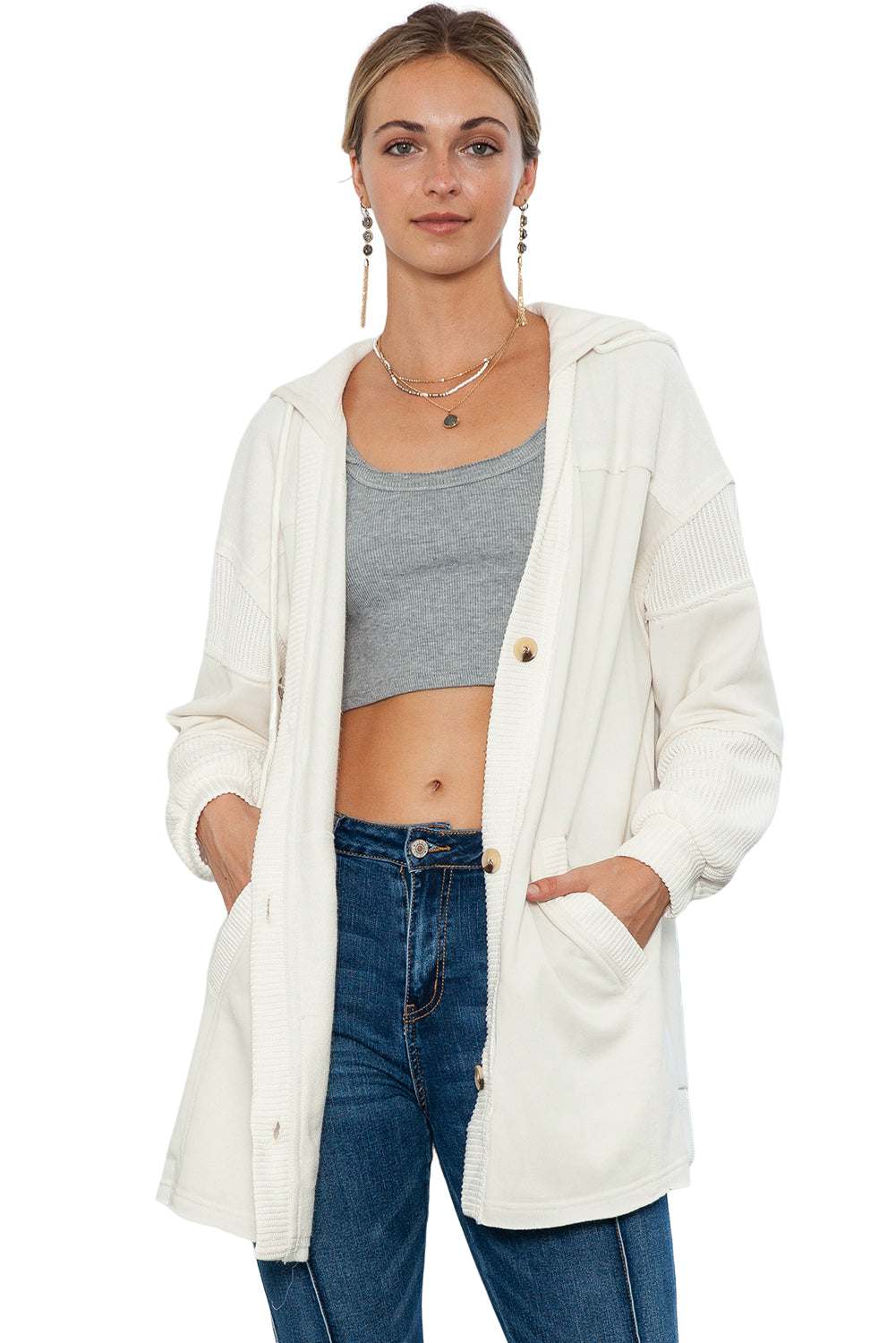 Beige Solid Color Button Down Long Hooded Cardigan
