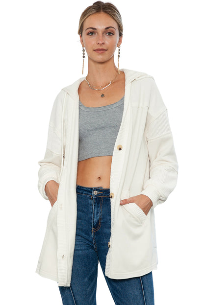 Beige Solid Color Button Down Long Hooded Cardigan