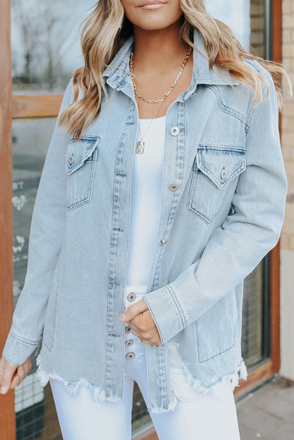 Light Blue Flap Pocket Buttoned Raw Hem Denim Shacket