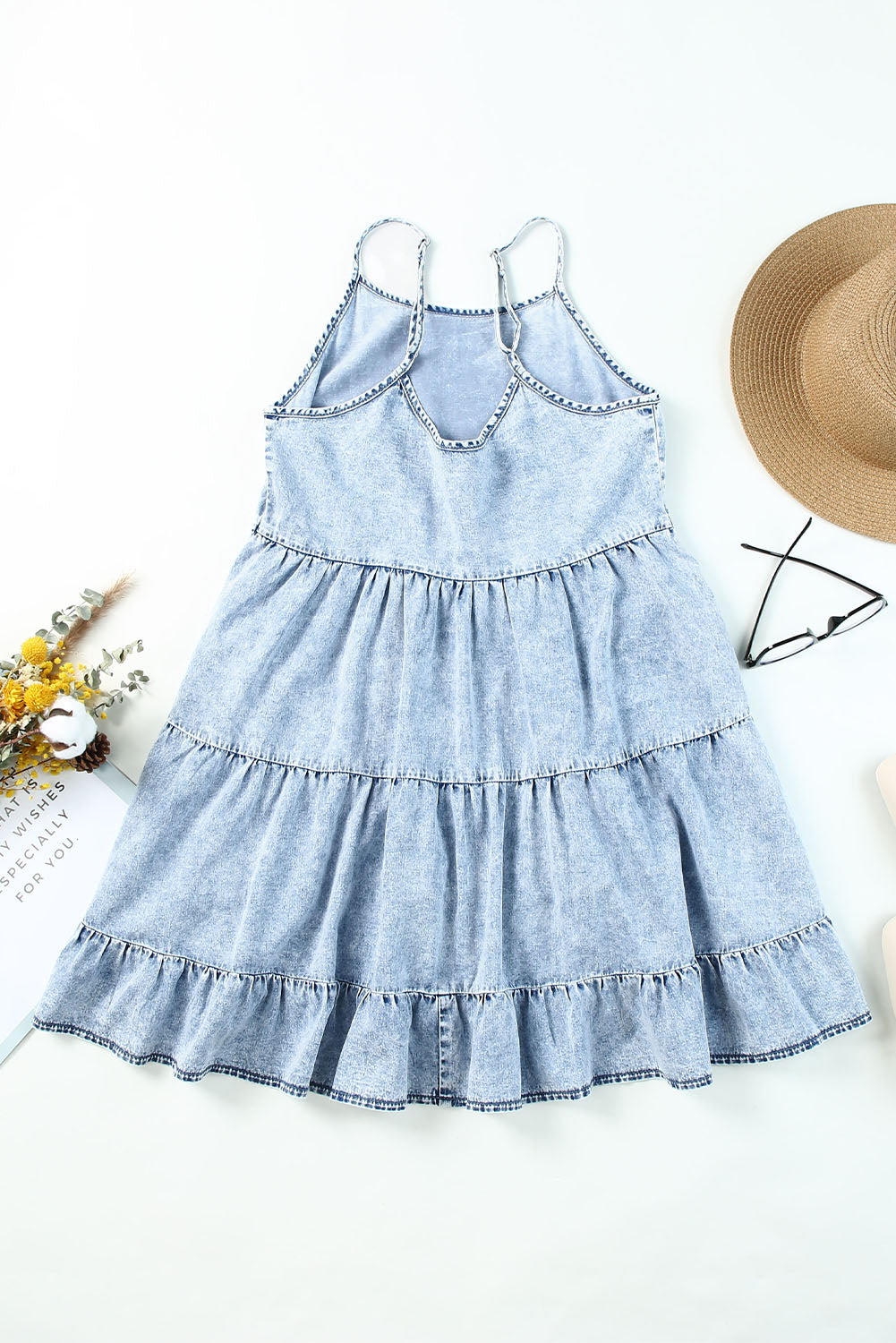 Light Blue Adjustable Straps Casual Tiered Ruffle Denim Dress