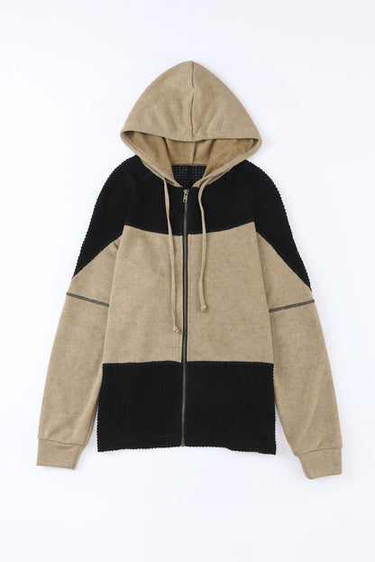 Khaki Dark Washed Patchwork Zip Up Hooded Jacket