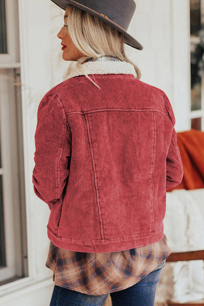 Gray Sherpa Snap Flap Pocket Cropped Corduroy Jacket