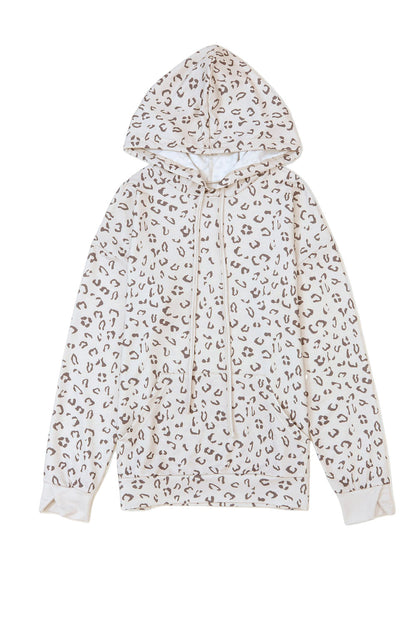 Leopard Kangaroo Pocket Long Sleeve Drawstring Hoodie