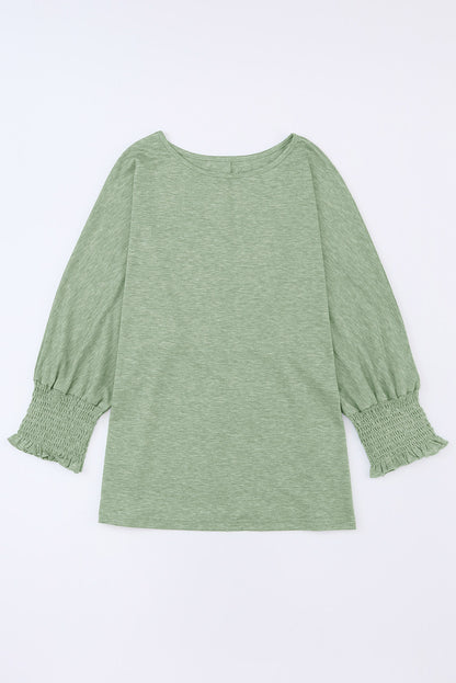 Black Plain Smocked 3/4 Sleeve Casual Loose T Shirt