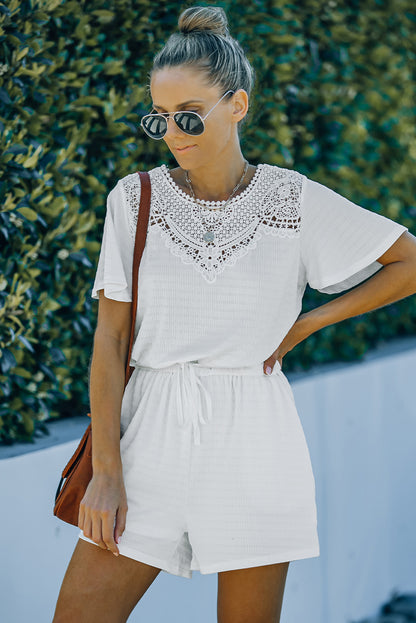 White Casual Crochet Neck Drawstring Romper