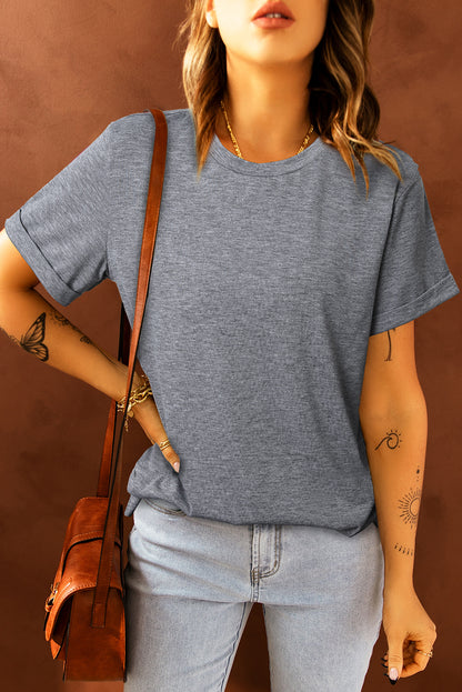 Green Plain Solid Color Crew Neck Tee