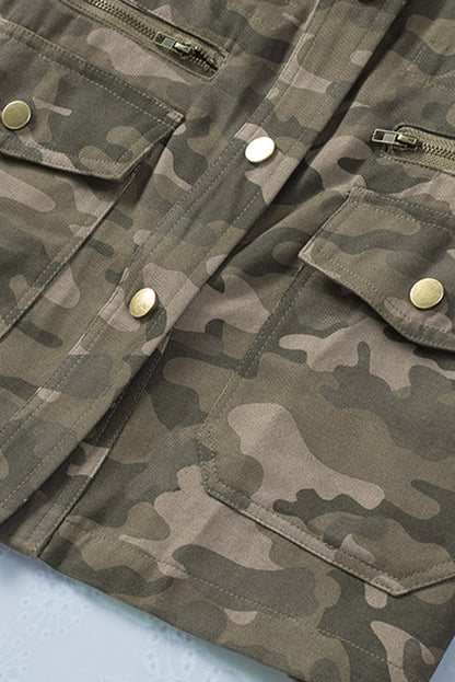Green Camo Print Pockets Button Up Jacket