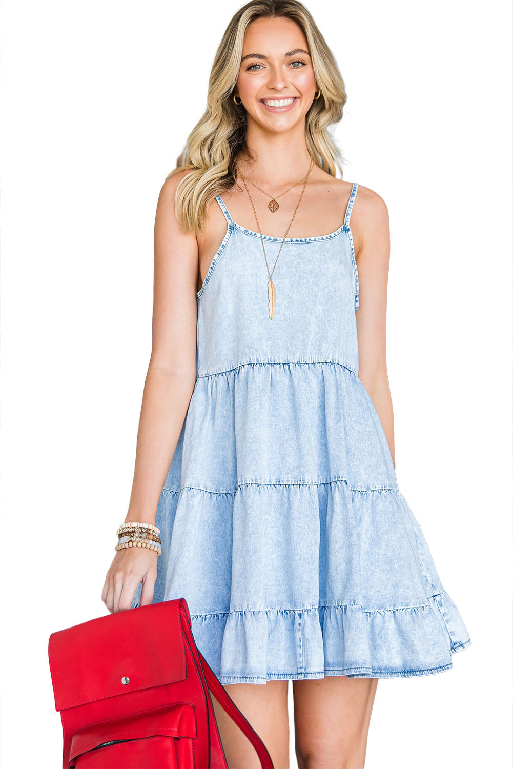 Light Blue Adjustable Straps Casual Tiered Ruffle Denim Dress
