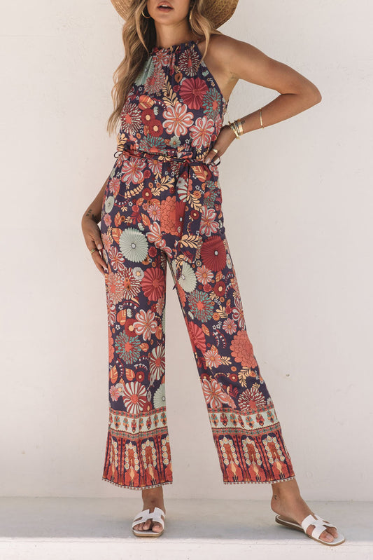 Purple Floral Print Frill Halterneck Wide Leg Jumpsuit