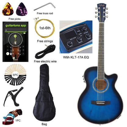 40" Beginner's Thin Body Acoustic Electric Guitar Kit with Accessories - Various Colours