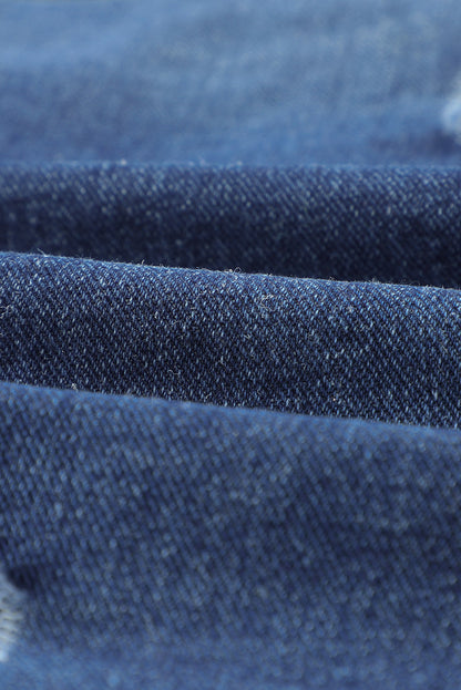 Black Casual Distressed Raw Hem Buttons Denim Jacket
