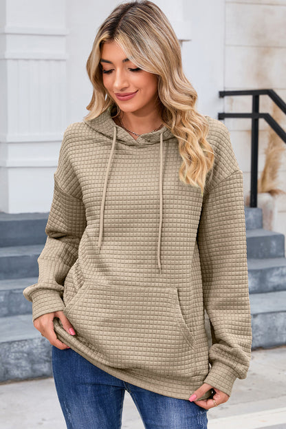 Khaki Lattice Textured Kangaroo Pocket Drawstring Hoodie