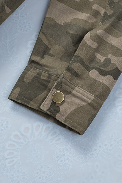 Green Camo Print Pockets Button Up Jacket