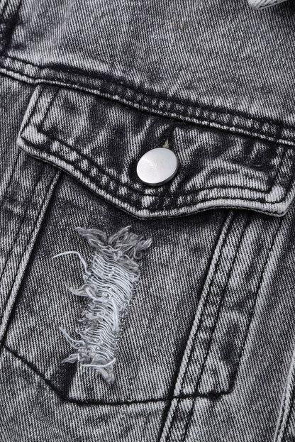 Grey Distressed Buttons Washed Denim Jacket