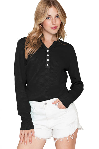 Gray Solid Color Waffle Knit Long Sleeve Henley Shirt