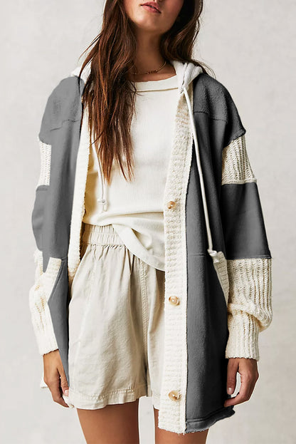 Beige Solid Color Button Down Long Hooded Cardigan