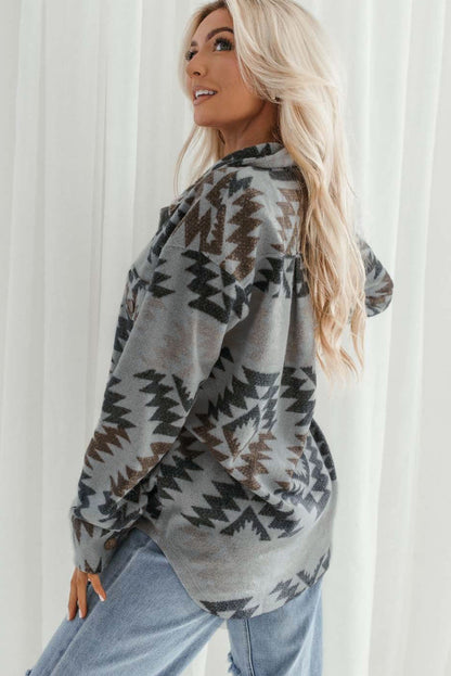 Gray Geometric Print Drop Shoulder Casual Shacket