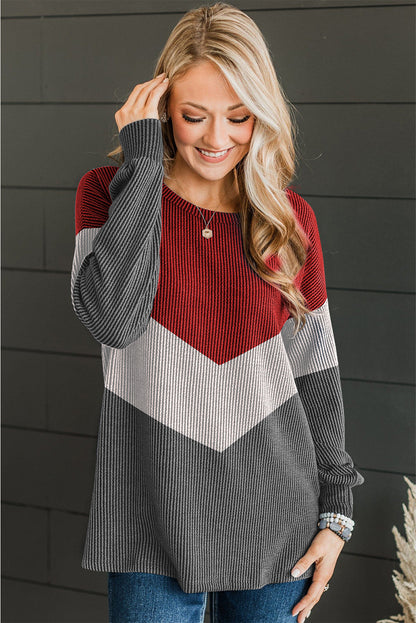 Navy Blue Color Block Corded Tunic Long Sleeve Top