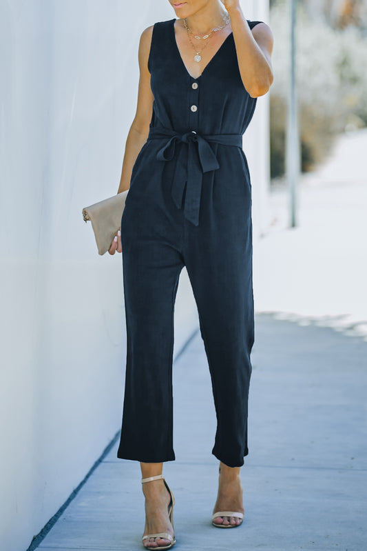 Blue V Neck Button Belted Jumpsuit With Pockets