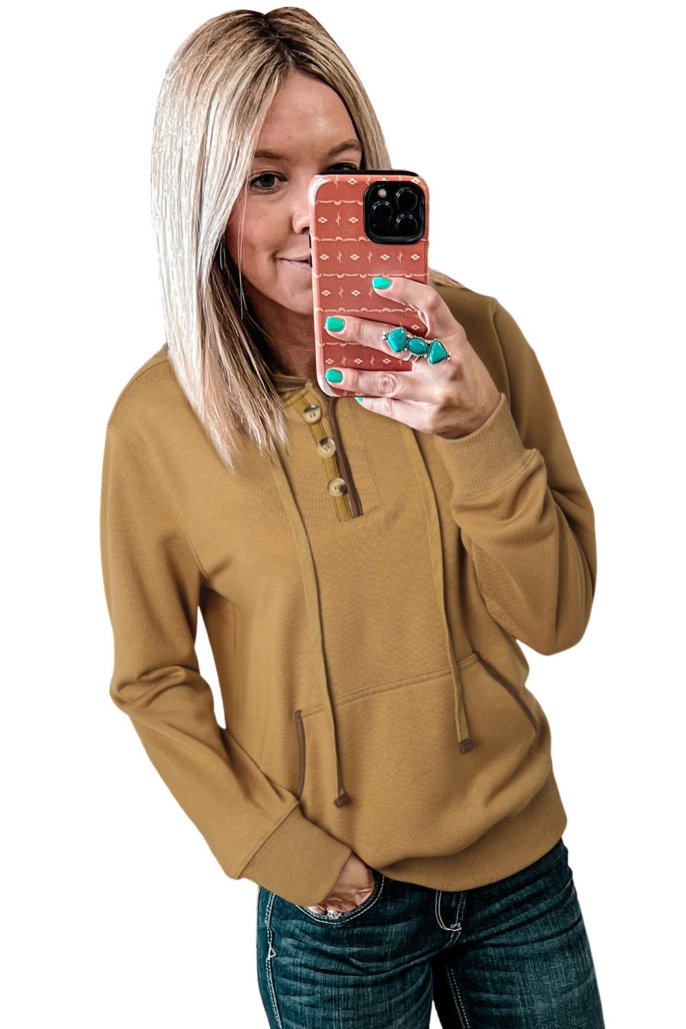 Beige Drawstring Kangaroo Pocket Henley Hoodie
