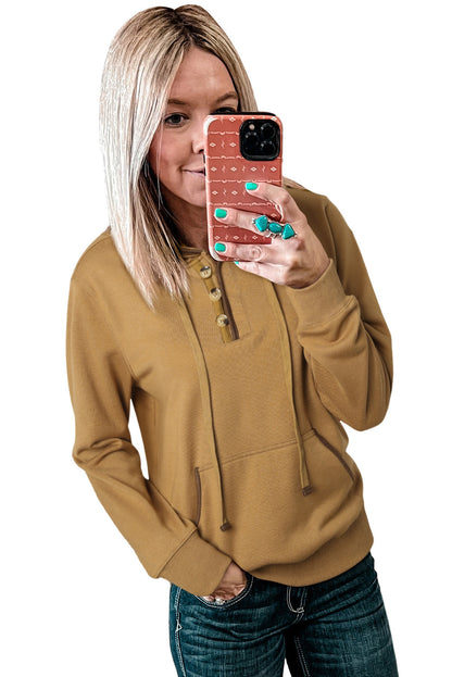 Beige Drawstring Kangaroo Pocket Henley Hoodie