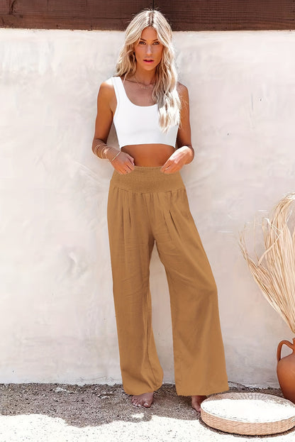 Brown Smocked Wide Waistband High Waist Wide Leg Pants