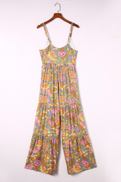 Sky Blue Floral Adjustable Straps Tiered Wide Leg Jumpsuit