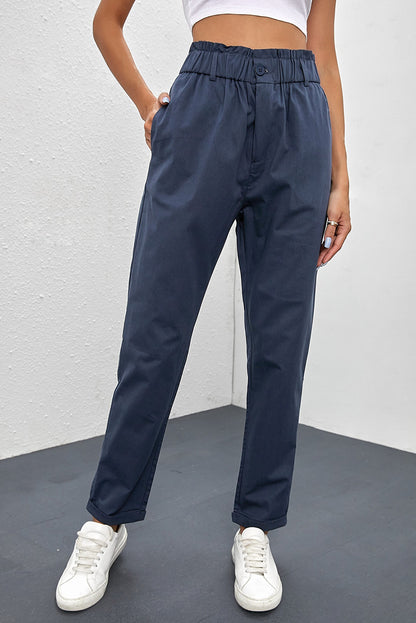 Beige Casual Frill Paper Bag Pocket High Rise Pants
