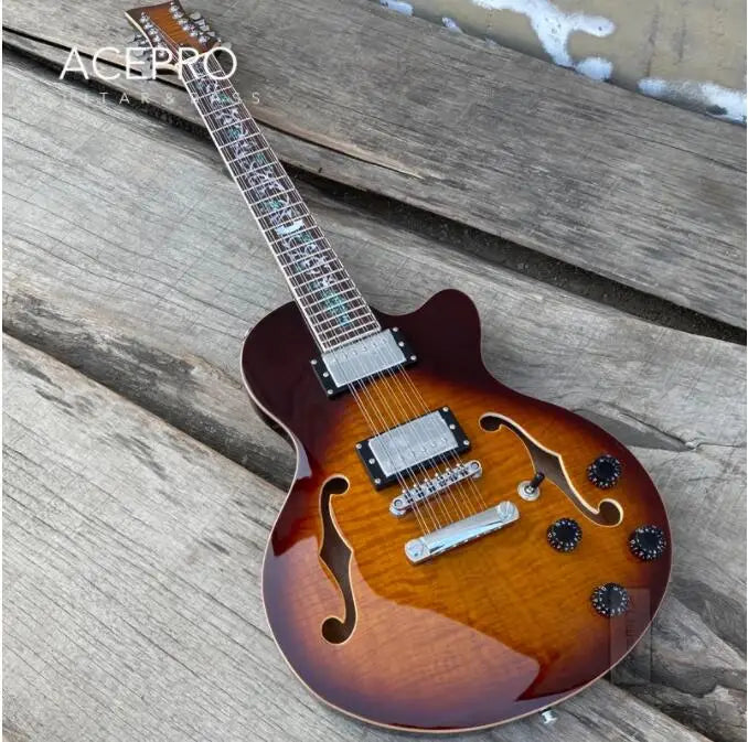 GROTE 12 String F holes Semi Hollow Body Electric Guitar (Sunburst Flamed Maple with Abalone Flower Inlays)
