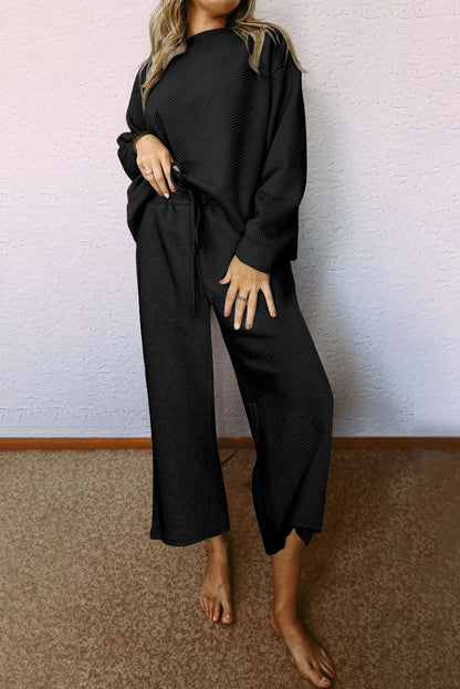 Dark Brown Textured Loose Slouchy Long Sleeve Top and Pants Set