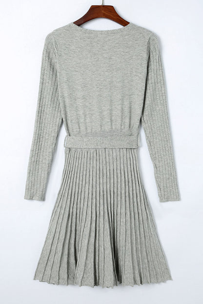 Brown Belted Wrap V Neck Ribbed Pleated Sweater Dress